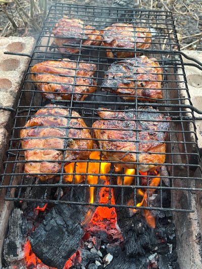 The image shows a close-up, high-angle shot of meat cooking on a grill over glowing embers and flames. There are six pieces of meat on the grill, some appearing to be pork or beef cuts, with a glossy, browned exterior and visible grill marks. The grill grate is made of black metal bars. Below the grate, burning wood and coals radiate heat, with visible orange and yellow flames. The background is out of focus but suggests an outdoor setting with dry vegetation and possibly some brick structures. There are no people or animals visible in the image. The scene depicts food preparation in an outdoor environment, likely for a barbecue or cookout. The location in Novoukrainka, Ukraine is not discernible from the visual information presented in the image.