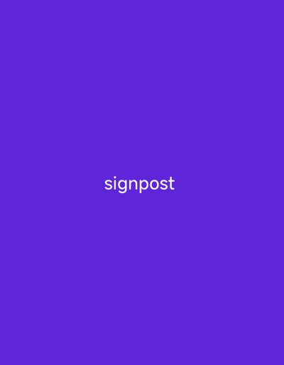 The image is a plain purple background with the word "signpost" written in white text in the center. There are no people, objects, or scenes depicted in the image. The text is the only element present.