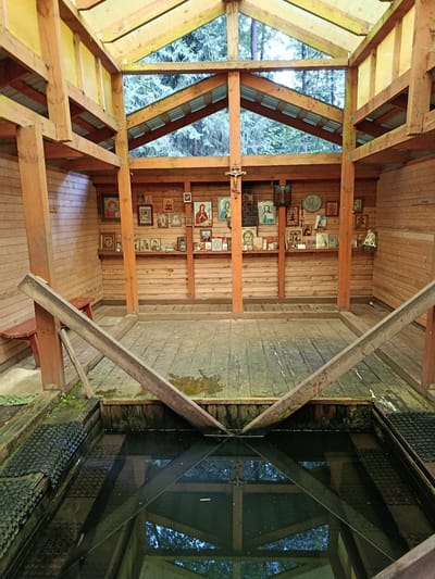 The image depicts the interior of a wooden structure with a sloped, translucent roof, likely a chapel or a holy spring site, located in Staryi Pokrov, Russia. The structure is open on one side, revealing a forest environment outside. The walls and roof supports are constructed from rough-hewn wooden beams and planks. The back wall is densely decorated with numerous religious icons of various sizes, arranged on shelves and directly on the wall. A prominent crucifix hangs centrally above the icons.
In the foreground, a wooden platform extends over a dark pool of water. The platform is made of weathered wooden planks, some of which appear wet. Two slanted wooden beams extend from the platform over the water towards the viewer, creating a V-shape. Black, textured mats are visible along the edges of the pool on either side. The water reflects the wooden structure and the surrounding trees. A single red wooden bench is partially visible to the left, further back in the structure. The overall impression is one of a rustic, spiritual place surrounded by nature.