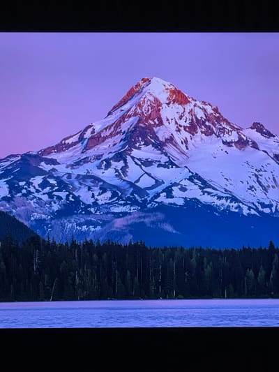 The image displays a serene natural landscape, likely a photograph of a screen given the distinct black borders framing the scene on the left and right. When viewed upright, the composition features a majestic, snow-capped mountain dominating the left side, a dense evergreen forest in the middle ground, and a calm body of water, possibly a lake, on the right.

The mountain exhibits rugged, rocky terrain, heavily dusted with white snow. Its peaks and upper slopes are touched by a soft, warm light, creating reddish-brown accents, indicative of either dawn or dusk. The sky above is a soft gradient of purple and blue, contributing to the tranquil atmosphere.

Below the mountain, a dark, dense forest of coniferous trees forms a horizontal line, reflecting subtly in the exceptionally still water. The body of water on the right is flat and calm, mirroring the sky's soft purple and blue hues, as well as the faint reflections of the forest and mountain.

The overall scene conveys a sense of peacefulness and natural grandeur, captured during a period of soft, atmospheric lighting. There are no people or specific activities depicted. Faint white text reading "TESLA" is visible on the black border of the screen on the right side, suggesting the image source is a Tesla display. The provided location context is Otopeni, Romania, although no specific geographical markers for this location are visible within the image itself.