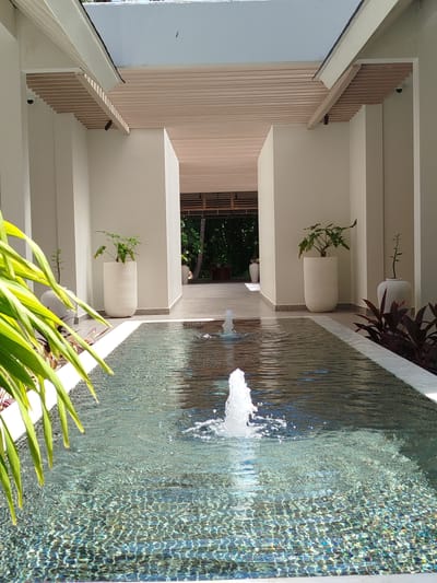 The image depicts an outdoor corridor with a water feature. The corridor is lined with white walls and a light-colored slatted ceiling. In the foreground, a rectangular pool of water with a tiled bottom features two fountains, one in the mid-ground and another in the foreground, both actively spraying water. The water is clear and reflects the surrounding architecture. On the left side of the pool, lush green foliage, possibly palm leaves, hangs into the frame. Along the sides of the corridor, several white planters contain green plants. In the background, the corridor opens up to a view of lush green vegetation and trees, suggesting a tropical environment. The architecture is modern and minimalist. This scene is located in Kendhoo, Maldives.
