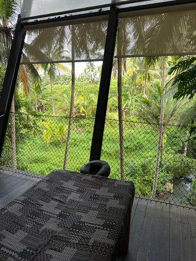 Here's a detailed description of the image:

**Setting:** The image captures a view from what appears to be a terrace or elevated platform, possibly in a structure resembling a treehouse or open-air room. The scene is located in a lush, tropical environment, suggested by the dense vegetation and presence of palm trees. The location is specifically in Licin, Indonesia.

**Elements and Objects:**
*   A bed or seating area is positioned on the wooden platform. The furniture is covered in a patterned black and gray fabric. A dark, circular pillow or cushion rests on the bed.
*   A netting or wire mesh acts as a safety barrier along the edge of the platform, providing a view of the vegetation below.
*   A window frame with a partially drawn shade can be seen on the left side of the image. The shade is light-colored and features a pattern of leaves cast upon it.
*   Outside the structure, a dense array of palm trees and other greenery fills the frame. The foliage creates a layered effect with varying shades of green.

**Environment and Perspective:**
*   The overall environment is characterized by a tropical rainforest or jungle setting.
*   The view is predominantly an upward angle, looking out from the structure towards the trees and sky.
*   The photograph has a slightly rotated orientation.