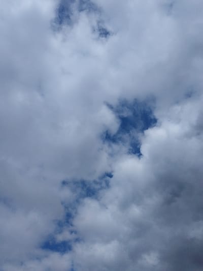 The image displays a sky filled with a mix of clouds, primarily in shades of white and light to dark grey, interspersed with visible patches of clear blue sky. The composition is a vertical shot, looking upwards, entirely dominated by the atmospheric elements.
The clouds are dense and varied in their formations, exhibiting a textural quality with soft, diffused edges for the lighter, brighter clouds and more shadowed, darker grey areas indicating thicker cloud cover or depth. Several irregular and fragmented areas of deep blue sky are visible, particularly towards the center and bottom of the frame, suggesting breaks in the cloud layer. There is no direct sunlight evident, giving the sky a soft, diffused light, typical of an overcast or partially cloudy day.
No people, objects, or structures are present in the image. There is no specific activity or event taking place; it is a static capture of the sky. The weather appears to be cloudy, possibly indicating an overcast condition with some clearing, or a developing cloud formation. No time of day can be definitively determined from the lighting, though it is clearly daylight. There are no visible location cues within the image itself, other than the provided context of Елец-Маланино, Russia. No text is visible.