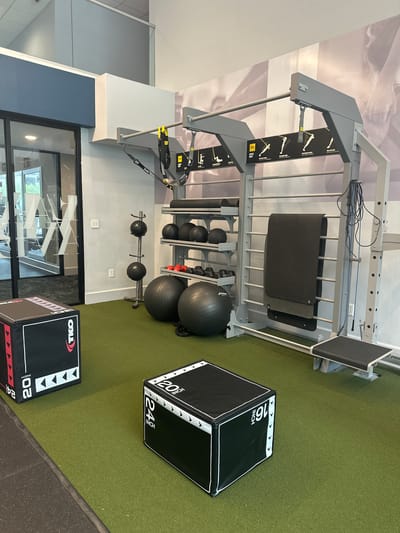 This indoor shot showcases a fitness center, evidenced by the presence of exercise equipment. A weight rack holds various dumbbells and exercise balls. A black and white plyometric box is seen to the right of the rack, while another plyometric box is at the bottom of the image. The location appears to be in Clifton, United States of America. The scene is devoid of people.