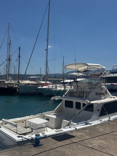 The image shows a fleet of sailboats and a fishing boat docked in a harbor. The water is a deep blue-green, and the sky is a clear, bright blue, suggesting a sunny day. The boats are lined up along a concrete dock, with mountains visible in the background. The fishing boat in the foreground has the word "Fishing" printed on its side, along with the name "Grcicia". The boats appear to be moored, with their masts and rigging stretching towards the sky. The overall scene evokes a sense of calm and stillness, characteristic of a peaceful harbor setting on a pleasant day. The location is identified as Agios Nikolaos Municipal Unit, Greece. There is no visible activity or event taking place, as the boats are stationary.