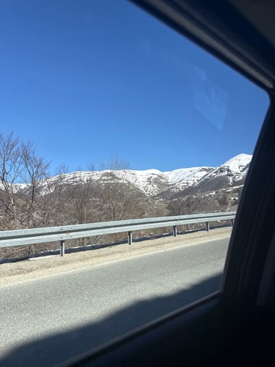 The image depicts an exterior mountain landscape viewed from the passenger side window of a moving vehicle. The scene is located in the vicinity of Godijelji, Montenegro. The foreground shows the dark frame of the vehicle's window and a dark shadow cast by the vehicle's interior across the bottom portion of an asphalt road. Adjacent to the road, a silver metal guardrail with multiple horizontal bars and vertical support posts is prominently featured. Beyond the guardrail, the terrain consists of sparse, leafless deciduous trees and patches of snow on the ground. In the midground and background, large mountains are visible, their upper slopes covered extensively in white snow, contrasting with darker, rocky, and forested lower sections. The sky above is clear and bright blue. There are no people visible, and no discernible actions or interactions are occurring. The environment suggests a cold, clear day.