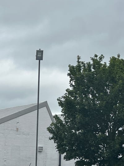 A tall, slender pole with a grey, rectangular light fixture at the top stands in front of a cloudy, grey sky. To the left, the white brick facade of a building is visible, with a steeply pitched, grey roofline. A large, leafy green tree occupies the right side of the frame, its branches and foliage obscuring parts of the sky and the building. The scene appears to be outdoors, in an urban or suburban setting. The lighting suggests an overcast day. There are no people or animals visible in the image. The location is not specified.