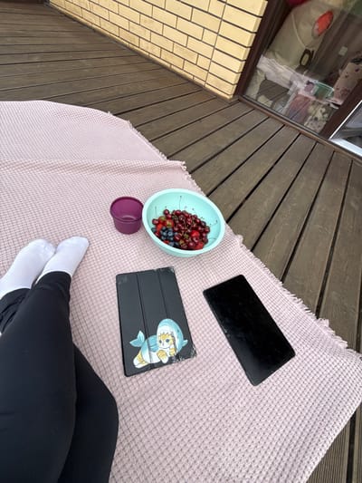 This image captures a first-person, slightly elevated view of a person relaxing on a wooden deck or balcony in Molodezhnyi, Russia. The person's lower legs, dressed in black pants or leggings and white socks, are visible in the lower right foreground, resting on a light pink, waffle-textured blanket.
On the blanket, a light blue bowl is prominently featured, filled with a vibrant mix of fresh fruits, including red cherries, red strawberries, and blue blueberries. Adjacent to the fruit bowl is a dark purple cup. Two black electronic devices also lie on the blanket; one is a larger tablet with its screen turned off or facing downwards, and the other is a smaller device, possibly a phone or e-reader, encased in a black cover adorned with a playful cartoon graphic of a shark holding a cat.
The wooden floor of the deck, constructed from dark, horizontally laid planks, stretches into the background. To the left, a section of a light yellow brick wall is visible, while a window reflects an interior space, showing what appears to be bags and other items. The natural light suggests it is daytime, creating a relaxed and leisurely atmosphere for enjoying snacks and possibly engaging with digital content. No discernible text is visible within the image.
