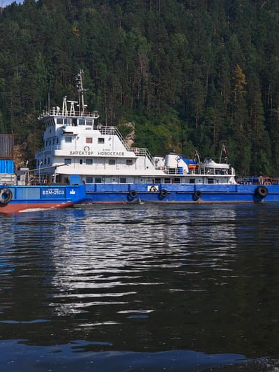 A large cargo ship named "DIREKTOR NOVOSELOV" sails on a dark body of water, reflecting the dense green forest that lines the steep bank of the Krasnoyarsk Reservoir in Predivinsk, Russia. The ship has a white superstructure with multiple windows and railings, topped with various communication equipment. Its hull is predominantly blue, with a red waterline. The ship is carrying containers, stacked on its deck towards the left of the image. Several black fenders are visible along the sides of the hull. The water surface is rippled, with reflections of the ship and the surrounding environment. The sky is not visible in the frame.