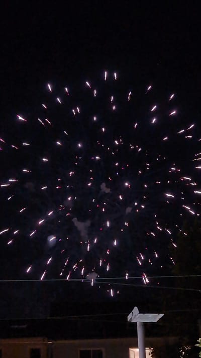 The image depicts a nighttime scene with fireworks illuminating the dark sky over the city of Bingen am Rhein, Germany. The fireworks are predominantly pink and white, appearing as streaks and bursts of light in a somewhat circular formation across the upper portion of the frame. Below the fireworks, a dark silhouette of trees and buildings is visible, with utility lines strung horizontally across the mid-ground. A white, angular structure on a pole is also present in the lower right quadrant of the image. The scene suggests a celebratory event occurring at night in an urban or semi-urban setting.