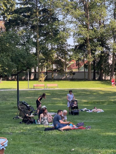 The image depicts a sunny day in a grassy park with scattered trees and buildings in the background. Several groups of people are relaxing on the grass, seemingly enjoying a picnic or a casual outing. One group consists of a man and a child sitting on the grass, with another man and a woman lying down nearby. A stroller is also present. Further up the grassy slope, a woman is sitting next to a stroller, and further still, two young children are lying on blankets. The overall atmosphere appears relaxed and leisurely. The time of day appears to be late afternoon, judging by the long shadows cast across the grass and the warm sunlight. The location seems to be a well-maintained park, possibly in or near Stupava, Slovakia, given the context. There is no visible text in the image.