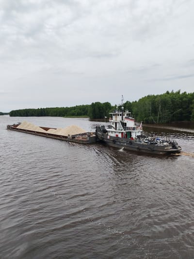 The image shows a tugboat pushing a barge loaded with a light-colored granular material on a wide river. The tugboat is dark gray with a white superstructure, and it has a Russian flag at the stern. The barge is long and flat, with the material piled high in two mounds. The river is calm, with gentle ripples on the surface. The banks of the river are lined with dense green trees. The sky is overcast with soft, diffused light, suggesting it is daytime, possibly late morning or early afternoon. The scene is tranquil and industrial, with the tugboat and barge engaged in a routine transport operation. The visible text on the stern of the tugboat reads "ШЛЮЗКОВИЧ". The location is Novokemskii, Russia.