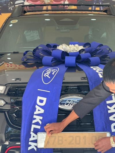 A gray Ford truck is decorated for an unveiling. A large blue ribbon with the Ford logo and the word "Daklak" is draped across the front grill. A blue bow with white accents sits to the left of the ribbon. A person in a dark suit sleeve is peeling the protective film from a license plate, numbered "7B-201.07." The Ford logo on the grill is prominent.