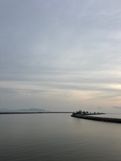 The image captures a tranquil view of the coast in Pak Nam Chumphon, Thailand. A body of water, presumably the sea, occupies the right half of the frame, its surface reflecting the overcast sky above. A long, rocky breakwater stretches into the water, lined with sparse vegetation and small trees. The sky is predominantly gray with wispy clouds. The horizon is blurred by a range of mountains.