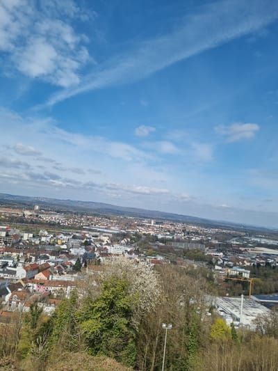 The image depicts a cityscape, likely Homburg, Germany, observed from an elevated vantage point, potentially a hill or tower. The urban sprawl is visible with a mix of residential and industrial structures.

The sky above is a vibrant blue with wispy clouds.

A prominent industrial building with a light-colored roof is noticeable, along with a yellow construction crane. The foreground vegetation includes trees with spring blossoms, hinting at the season.
