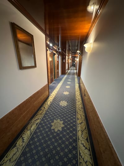 The image shows a long, narrow hotel hallway with a dark blue carpet featuring a repeating pattern and a gold border. The hallway is lined with closed doors, likely to hotel rooms, and there are elevators visible further down on the left side. The walls are painted a light color, and there is wooden wainscoting along the lower portion of the walls. A framed mirror hangs on the left wall. The ceiling appears to be made of polished wood, reflecting the lights that are mounted on the right wall. The lighting in the hallway is warm and subdued. The scene depicts a typical hotel corridor. There is no visible indication of the location in San Martino Buon Albergo, Italy.