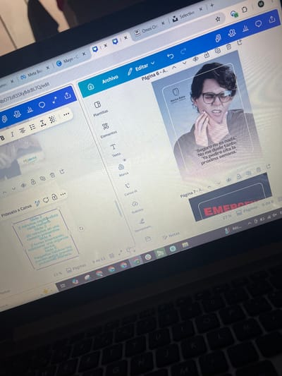 The image shows a close-up of a laptop screen displaying a presentation design tool, likely Canva, based on the user interface elements. The screen is displaying a presentation with multiple slides. On the left side, there's a text box with a purple outline containing bullet points written in Spanish, detailing a dental hygiene routine. The text reads: "Slide 2: 2 minutes brushing every morning. Slide 3: 20 minutes in preventive check-up. Slide 4: 2 hours trying to solve a dental emergency. Slide 5: Small habits today can prevent big problems tomorrow."
The main content area shows a slide featuring a man wearing glasses, holding his jaw with a pained expression. Text in Spanish above him reads: "Marina Baixa @marina.estetica." Below the image, there is another text snippet in Spanish: "Seguro no es nada. 'No me duele tanto. Ya pediré cita la próxima semana.'" This translates to: "It's surely nothing. 'It doesn't hurt that much. I'll book an appointment next week.'"
To the right of this slide, another slide displays the word "EMERGENCY" in large red letters against a dark background. The presentation seems to be related to dental care or a dental clinic's marketing. The overall environment suggests the image was taken indoors, likely in a home or office setting, given the presence of the laptop and keyboard. There is no visible indication of the city of San Luis, Peru.