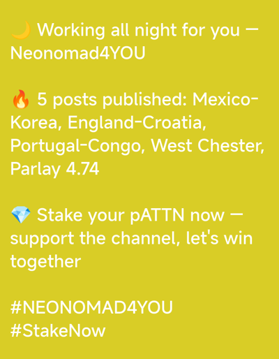 The image is a yellow background with white text and emojis. The text reads: "Working all night for you — Neonomaad4YOU 🔥 5 posts published: Mexico-Korea, England-Croatia, Portugal-Congo, West Chester, Parlay 4.74 💎 Stake your pATTN now — support the channel, let's win together #NEONOMAD4YOU #StakeNow". The image does not depict any location in the city of Thôn 4, Vietnam.