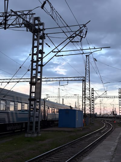 This is an outdoor shot of a train station in Kamensk-Shakhtinsky, Russia, taken at dusk or dawn. The sky is overcast with shades of grey and faint pink hues visible near the horizon. A train is parked on one of the tracks, its windows reflecting the muted sky. A small blue building stands beside the train. Numerous power lines and support structures cross the frame, creating a complex web against the sky. The train tracks curve into the distance, with the platform visible on one side. A signal light, possibly red, can be seen further down the tracks. Vegetation grows beside the tracks and platform. The scene is generally still and quiet.