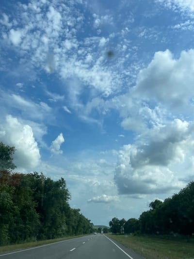The image depicts a scenic view from a vehicle traveling along a road in Donskoe, Russia. The perspective is from inside the car, looking upwards and to the right. The sky is a dominant feature, filled with a mix of fluffy white cumulus clouds and thinner, wispy cirrus clouds against a vibrant blue backdrop. Sunlight filters through, suggesting it is daytime, likely midday or early afternoon.
The road itself is visible on the right side of the frame, an asphalt surface with white lane markings. It appears to be a relatively straight stretch, bordered by a strip of green grass and a dense line of dark green trees. These trees form a thick canopy, creating a natural barrier along the roadside. The foliage suggests a warm season, possibly summer.
In the distance, along the road, a few vehicles can be faintly seen, indicating ongoing travel. The overall atmosphere is one of a peaceful journey through a verdant landscape under a dynamic sky. There is no visible text in the image. The scene evokes a sense of calm and the simple beauty of nature.