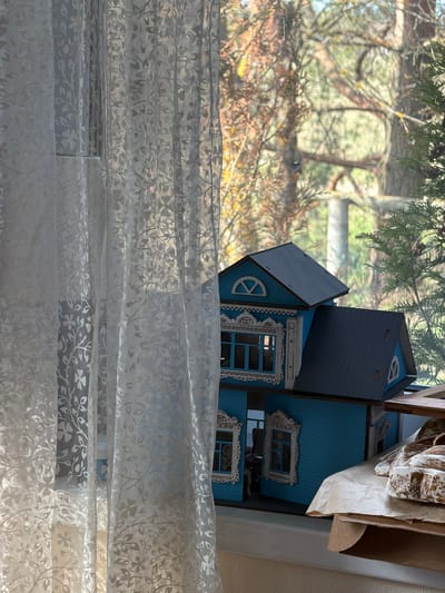 The image captures an indoor scene looking out a window. In the foreground, a translucent white sheer curtain, possibly a Roman blind, features a delicate, repeating floral and leaf pattern. This curtain covers the lower portion of the window, softly filtering the light.
Above the curtain and positioned near the right side of the window is a multi-part blue model house or dollhouse. The house is constructed from wood, painted a vibrant blue, and adorned with intricate white decorative trim, particularly around the windows and gables, giving it a charming, ornate appearance. Some sections of the model house show exposed wooden edges, suggesting it might be a kit, incomplete, or disassembled. Nearby, on the far right, crumpled brown paper or packaging material is visible.
Through the window, beyond the model house, an outdoor scene unfolds. Bare tree branches with some visible green foliage (possibly juniper or cypress) indicate a natural setting, likely in late autumn or early spring. The distant background shows a blurred landscape of more trees and greenery. The overall lighting suggests it is daytime, with a soft, diffused light illuminating the scene. There are no people present, and no specific activity is taking place; it's a static composition focusing on the interplay between the indoor objects and the outdoor view. No visible text is present in the image.