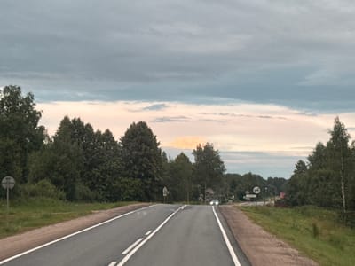 The image shows a two-lane asphalt road with white dashed lines in the center and solid white lines on the edges. The road curves slightly to the right and ascends. On the left side of the road, there is a grassy verge and a dense line of trees. A circular sign with a cross symbol is visible on a pole on the left verge. On the right side of the road, there is also a grassy verge and trees. In the distance, there are more trees, some houses, and a red building. A car with its headlights on is approaching from the distance on the right lane. The sky is overcast with clouds, but there are hints of pink and orange light, suggesting either sunrise or sunset. The scene is rural, and the presence of a road sign with Cyrillic lettering and the general landscape suggest it is located in Russia, specifically in the vicinity of Гуляевка. There are no people visible in the image.