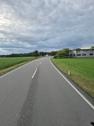 The image depicts a rural road in Weng im Innkreis, Austria, under a cloudy sky. The road, paved with asphalt, has a white solid line marking the right edge and a dashed white line dividing the lanes. To the left of the road is a field of green corn. On the right side of the road, there is a strip of mown grass and a modern industrial building with a grey corrugated metal facade. Several white posts with red and white reflectors are positioned along the roadside. In the distance, a few white cars are visible on the road, and a line of trees forms the horizon. The overall scene is overcast and appears to be either early morning or late afternoon.