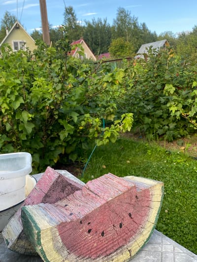 The image depicts a wooden watermelon slice decoration placed on a table outdoors. The decoration is carved from a log, painted to resemble a watermelon with red rind, yellow edge, and black seeds. In the background, there are green bushes with berries, a wooden pole, and houses with red and green roofs, suggesting a rural or suburban setting. The overall scene is set in Leipyasuo, Russia, indicated by the user's prompt. The environment is natural, with grass and trees visible, under a clear blue sky with some clouds.