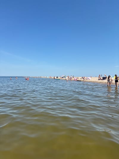 The image depicts a crowded beach scene on a sunny day. The foreground is dominated by murky, rippling water, suggesting shallow coastal waters. In the background, a long stretch of sandy beach is visible, lined with numerous people enjoying the summer weather. Some individuals are wading or swimming in the water, while others are sunbathing on the sand, seated on towels, or gathered under beach umbrellas and tents. Several colorful beach umbrellas are scattered across the sand, and a few inflatable toys are present in the water. The sky is a clear, vibrant blue, indicating good weather conditions. The scene is likely a popular tourist destination given the density of people.