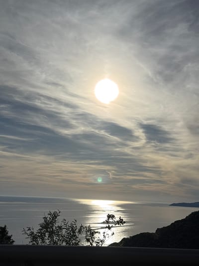 The image depicts a serene coastal landscape bathed in the warm glow of the setting sun. The sky is a canvas of wispy clouds, streaked with hues of grey, white, and pale blue, creating a dramatic backdrop for the brilliant, orb-like sun positioned in the upper center of the frame. The sun's reflection dances upon the calm, rippling surface of the sea, forming a shimmering pathway of light that stretches towards the horizon.
In the foreground, the dark silhouette of a hill covered in lush, green vegetation slopes down towards the water on the right side of the image. A sparse, dark bush with delicate branches and leaves stands prominently in the lower left, its silhouette stark against the luminous sea. The lower edge of the frame is occupied by a dark, horizontal band, possibly a road or embankment, from which the viewpoint is taken.
The scene is devoid of any human presence or activity, emphasizing the natural beauty and tranquility of the location. The overall impression is one of peacefulness and a quiet appreciation of the natural world, characteristic of coastal vistas. The image captures a moment of striking natural beauty, where the interplay of light and shadow on the sky, sea, and land creates a captivating panorama.