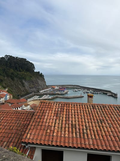 The image presents an elevated, panoramic view of the coastal town of Colunga, Spain, centered on its harbor under an overcast sky. In the foreground, numerous reddish-orange terracotta tiled rooftops with visible weathering and dark stains occupy the lower third of the frame. A section of a white building with dark rectangular windows is partially visible below the roofline.

The midground features a natural harbor defined by a curving concrete breakwater. The harbor waters contain numerous white recreational boats and several small fishing vessels moored at various points. A small sandy beach segment is visible within the inner curve of the harbor. Along the left side, a steep, rocky cliff face covered with dense green trees rises abruptly, with a narrow road or path winding along its base next to the harbor. Several buildings with white, blue, and light-colored facades and red-tiled roofs are nestled between the cliff and the harbor. Within the harbor area, a building with a blue roof and colorful coverings is visible on the land, along with a distinctive yellowish, cylindrical structure rising from the water. A small red navigation marker is positioned near the harbor entrance, and a green one marks the end of the outer breakwater. Scattered vehicles are present in parking areas adjacent to the harbor structures.

The background consists of the calm, grey-blue expanse of the Cantabrian Sea stretching to the horizon. The sky is uniformly covered with light grey clouds, indicating an overcast condition. No individuals are discernible in the scene.