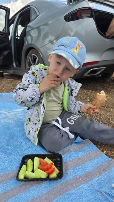 A young boy with blue eyes and blond hair, wearing a light blue cap with a cartoon bunny and a grey jacket with a dinosaur print, sits on a blue and grey striped blanket. He is in the city of Daryino, Russia. The boy is eating a piece of chicken and there is a black container of sliced cucumbers and tomatoes next to him. A grey car with its doors open is parked behind him.