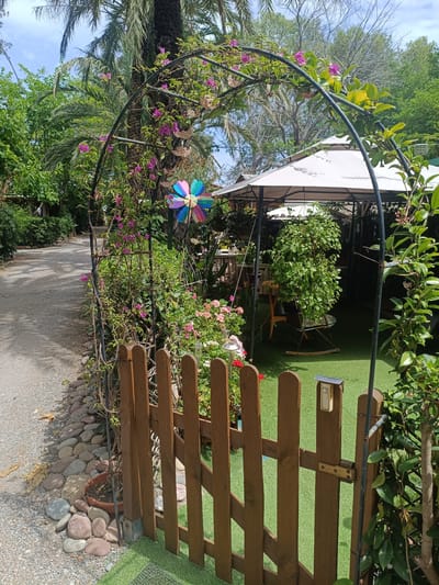 The image depicts a garden area with a gravel path on the left and a fenced-off section of artificial turf on the right. An arched metal structure covered in flowering vines, with purple and pink blossoms, spans the entrance to the fenced area. A colorful pinwheel is attached to the structure. Beyond the arch, a white gazebo with a peaked roof covers a seating area with chairs. Lush green foliage and flowering plants are visible throughout the scene, including a large bushy plant within the gazebo and a climbing plant on the right side of the arch. A wooden gate with a simple latch provides access to the turf area. The environment appears to be outdoors in a sunny, possibly Mediterranean climate, consistent with the location of Almardà, Spain. There are no people or animals visible in the image.