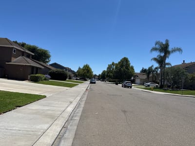 The image shows a suburban street scene in Ripon, California, under a clear blue sky. On the left, a sidewalk lines a well-maintained lawn in front of a residential house with a brown exterior and a tiled roof. The street, paved with asphalt, curves gently to the right, with parked cars visible on both sides. Several trees are scattered along the street, including a prominent palm tree on the right. Houses with similar architectural styles and manicured yards are visible on either side of the street, suggesting a typical residential neighborhood. The overall impression is one of a quiet, sunny day in a peaceful community.