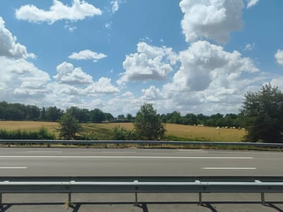 The image depicts a view from a highway in Vitry-en-Charollais, France, on a sunny day with a partially cloudy sky. In the foreground, a grey metal guardrail runs along the edge of a paved road with white lane markings. Beyond the road, a grassy embankment leads to a field of dry, yellowish-brown grass. A line of green trees forms a natural border behind the field, with some buildings visible through the trees in the distance. A herd of white cows is scattered across the field. The sky is a bright blue, dotted with numerous white, puffy cumulus clouds. The overall scene conveys a rural, pastoral landscape seen from a transportation route.