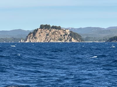 The image shows a rocky island with a building and trees on top, situated in the Mediterranean Sea. The island is covered in lush green vegetation and has steep, rugged cliffs. In the foreground, the sea is a deep blue with visible waves and whitecaps, suggesting a breezy day. In the background, rolling hills covered in trees form the coastline. The sky is clear and a pale blue. This island is likely part of the Îles d'Hyères archipelago, which is located off the coast of Bormes-les-Mimosas, France.