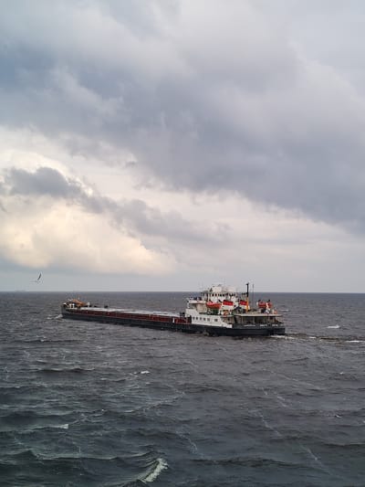 A cargo ship travels through choppy water under a cloudy sky. The ship, which appears to be a barge pushed by a tugboat, has a long, flat deck carrying cargo covered by a dark tarp. The tugboat section has a white superstructure with several lifeboats visible. Text on the side of the tugboat reads "ВОЛГО-БАЛТ 123". The sea is a dark, choppy grey, with white caps indicating wind. The sky is overcast with dramatic, heavy clouds, with some lighter areas suggesting breaks in the cloud cover. There are faint outlines of other vessels in the distance. A bird is visible flying to the left of the ship. The scene is likely a river or a bay in Russia, as indicated by the text on the ship.
