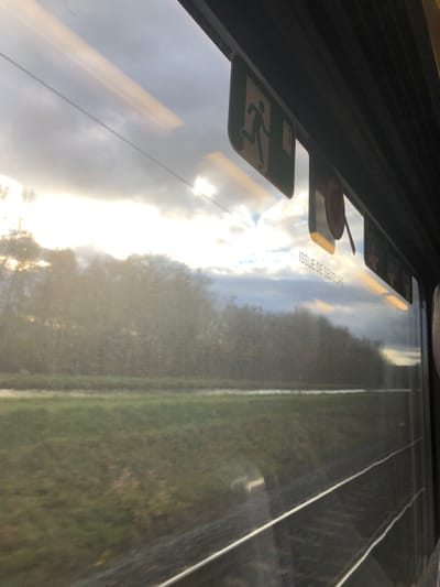 The image captures a view from inside a moving train near Dettwiller, France, looking outward through a window. The upper section of the window displays reflections of interior elements: a green emergency exit sign featuring a running person, the text "ISSUE DE SECOURS" (Emergency Exit), and linear light streaks. The dark train window frame is visible along the top and right edges.
Outside the window, railway tracks run horizontally across the bottom of the frame, indicating the train's movement. Adjacent to the tracks, a flat, green grassy field extends to a narrow body of water, possibly a canal or ditch, positioned centrally in the midground. Beyond the water, a dense line of trees with sparse foliage forms a natural boundary. The sky above is partially cloudy, with strong sunlight emanating from the left side of the frame, creating significant glare on the window. Clouds on the right are darker. No individuals are present in the scene.