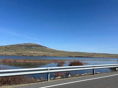 The image presents a rural landscape in Bernuy-Salinero, Spain, under a clear, cloudless blue sky. In the foreground, an asphalt road with a solid white edge line runs horizontally along the bottom. A two-bar galvanized metal guardrail, supported by posts, separates the road from a body of water. Between the guardrail and the water's edge, sparse, reddish-brown leafless shrubs and scattered rocks are visible. The midground features a calm body of water, likely a reservoir or lake, which reflects the sky and distant terrain. Several clusters of similar reddish-brown, leafless shrubs are partially submerged within the water. In the background, a prominent hill, covered with sparse green and brown vegetation, rises above the water. A line of multiple white wind turbines is positioned along the crest of this main hill, and additional turbines are discernible on a lower ridge extending to the right. No individuals, animals, or specific actions are observed.