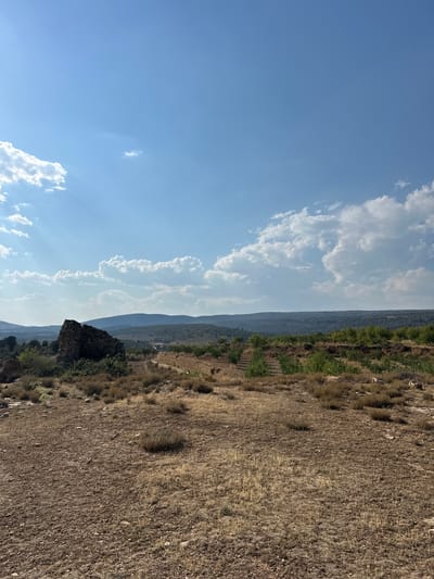 The image depicts a dry, arid landscape under a bright blue sky with scattered white clouds. In the foreground, the ground is covered in dry, brown earth and sparse, dry vegetation. A prominent feature in the mid-ground is a weathered stone structure, appearing to be the remains of a building, with a dark, rough texture. To the right of this structure, a terraced hillside is visible, planted with rows of small trees, possibly an orchard. Further in the distance, rolling hills covered in green vegetation stretch towards the horizon, under a hazy sky. The overall impression is one of a rural, possibly historical, setting in a dry climate. While the prompt mentions Alpuente, Spain, there are no specific visual cues within the image itself that definitively confirm this location.