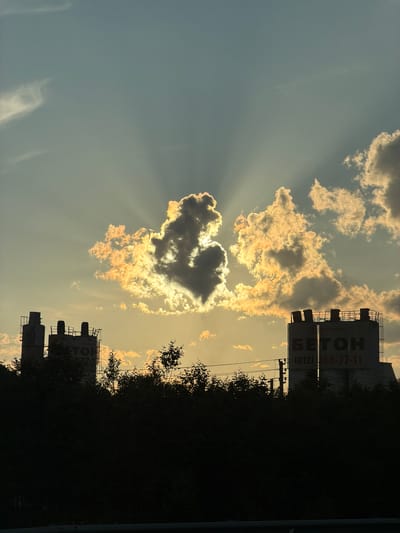 This is a vertical photograph of a cloudy sky with the sun breaking through, creating rays of light. The clouds are illuminated with warm, golden hues, and one cloud formation in the center resembles a heart shape. Silhouetted against the bright sky are industrial structures, possibly silos or storage tanks, and dark, dense foliage. The time of day appears to be late afternoon or early evening, given the low angle of the sun and the warm lighting. The scene evokes a sense of awe and beauty due to the dramatic play of light and shadow, and the heart-shaped cloud.
Visible text on the industrial structures includes "БЕТОН" (Beton, meaning concrete) and a phone number "(812) 48-77-11". The location context is Skotnoe, Russia.