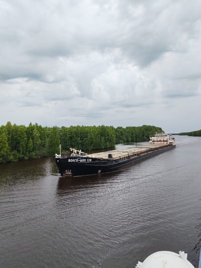 A cargo ship named "ВОЛГО-ДОН 139" travels down a wide river. The ship is black with a white superstructure and is filled with cargo. The riverbanks are lined with lush green trees, suggesting a natural, possibly rural, setting. The sky is overcast with heavy clouds, indicating a cloudy or possibly rainy day. The water is dark and calm, with the ship creating small ripples as it moves. The scene appears to be set in Novokemskii, Russia, during daylight hours. No people are visible on the ship or in the surrounding environment.