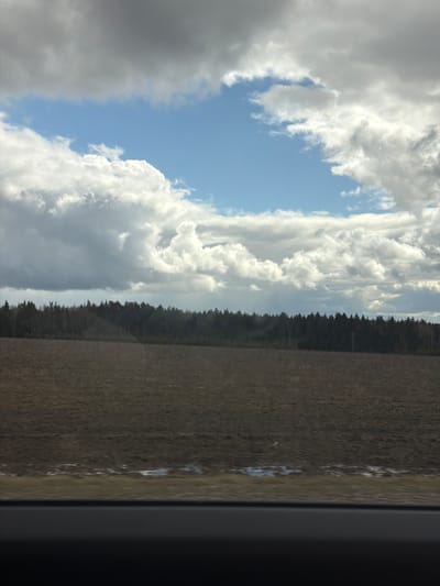 The image shows a view from what appears to be a moving vehicle, possibly a train or car, as suggested by the frame visible on the right. The scene is divided into three distinct areas. The left side of the image showcases a partly cloudy sky with patches of blue visible through the white clouds. Moving towards the center, there is a line of dense forest. To the right of the forest, an open field stretches out, and the scene ends with a dark blurry frame on the far right. Given the focus on nature (sky, clouds, forest, field) and the lack of clear urban elements, precise localization to a specific area within Sidorovy Gory is not possible. The image captures a landscape along a transport route, likely outside the immediate urban center. No people, distinct objects or specific actions are visible in the picture.