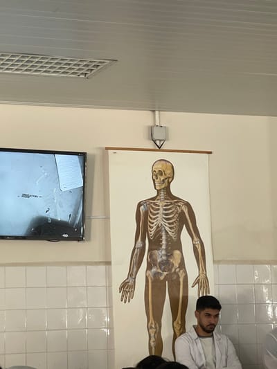 An interior scene, identified as being in قرية الضبية, Syria, shows a classroom or lecture hall environment. The room features light-colored walls with white rectangular tiles along the lower section, and a grey paneled ceiling with a recessed fluorescent light fixture. A large anatomical chart depicting a human skeleton is prominently displayed on the right wall, hanging from a wooden dowel. Above the chart, a grey electrical junction box with visible wiring is mounted. To the left, a wall-mounted black flat-screen television is visible, displaying text or images on a light background. In the lower right foreground, a young male individual is seated, wearing a white lab coat over a light-colored shirt. He has short dark hair and a beard, and his arms are folded as he looks towards the left. The tops of other individuals' heads and shoulders are visible in the lower-left and central foreground, indicating additional occupants of the room.
