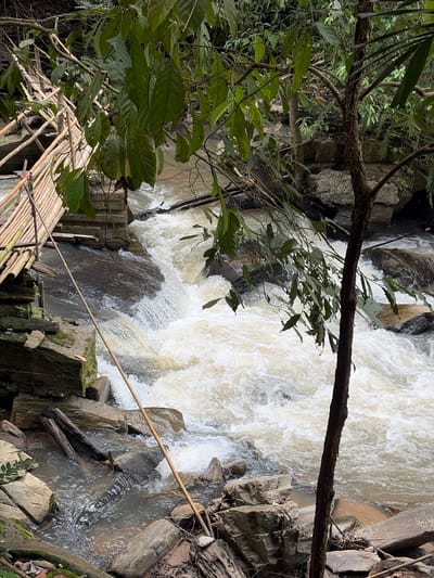 A high-angle medium shot captures a fast-flowing river with foamy white water cascading over rocks. A primitive bamboo bridge, partially submerged and in disrepair, crosses the river on the left side of the frame. Green foliage and the trunk of a small tree frame the scene from the right and foreground, with the lush, tropical environment of Ban Huai Takhrai, Thailand, evident in the background. The water is a murky brown, suggesting it may be carrying sediment from the surrounding terrain. There are no people or animals visible in the image. The overall impression is one of a natural, rugged landscape with signs of human intervention in the form of the precarious bamboo bridge.