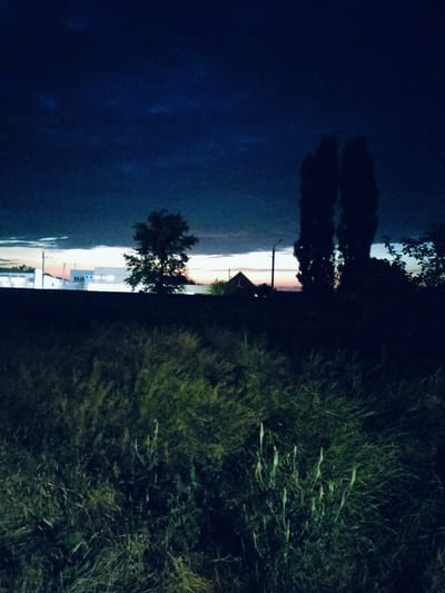 The image depicts a nighttime scene in Salsk, Russia, featuring a dark, cloudy sky. In the foreground, tall, dry grass is visible. In the middle ground, a silhouette of a small house with a pointed roof is present, along with a lamppost and several tall, thin trees. Further back, illuminated buildings create a contrast against the dark sky. The overall impression is one of a rural or semi-rural landscape at dusk or night.