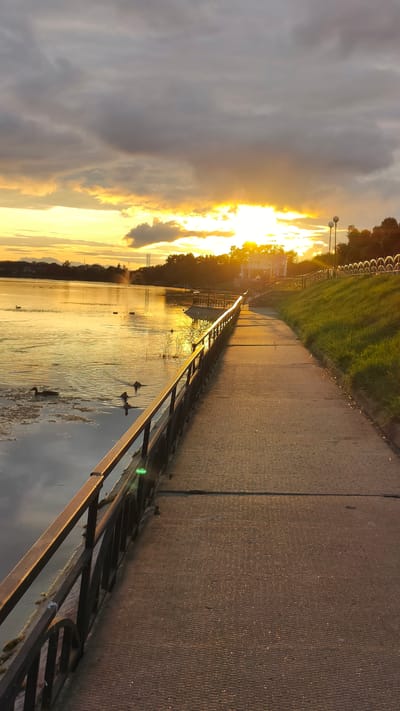 The image shows a sunset view along a concrete walkway with a metal railing separating it from a lake on the left and a grassy slope on the right. The sun is setting over the lake, casting a golden light. There are ducks in the water. The location is likely in Myory, Belarus, based on the image's origin. There are no people visible in the image. The environment suggests a public park or lakeside promenade. The sky is cloudy. There are lights along the walkway and decorative fencing on the grassy slope. The walkway appears to be a paved surface.
