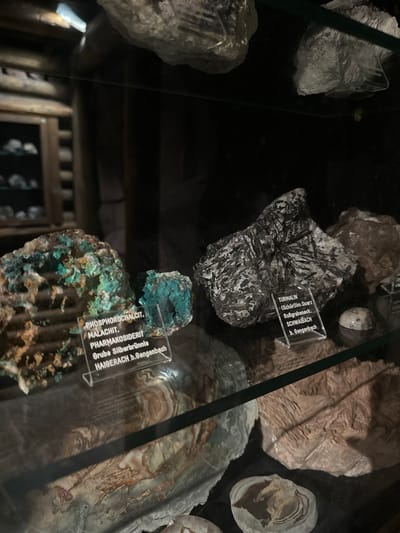This image shows a collection of mineral specimens displayed in a museum or exhibition. The minerals are housed in glass cases, with some specimens resting on dark surfaces. The lighting is dim, creating a dramatic effect that highlights the textures and colors of the rocks.
Several distinct mineral samples are visible. One prominent specimen is a black and white crystalline rock with sharp, radiating black needles, labeled "TURMALIN (Schörl) im Quarz Roßgrabeneck. SCHWAIBACH b. Gengenbach". Another sample is a vibrant turquoise-blue mineral, identified as "PHOSPHOROCHALCIT. MALACHIT. PHARMAKOSIDERIT Grube Silberbrünnle HAIGERACH b. Gengenbach". There are also other unlabelled mineral formations with layered, banded, and crystalline structures in shades of gray, brown, and white, suggesting a diverse geological collection.
In the background, wooden structural elements suggestive of a mine shaft or an older exhibition design are dimly visible, hinting at a connection to mining or geological history. The overall impression is one of a carefully curated display of natural wonders, inviting viewers to appreciate the intricate beauty of mineral formations. The text labels provide specific geological information, including mineral names, compositions, and origins, suggesting the collection may be from the Schonach im Schwarzwald region of Germany.