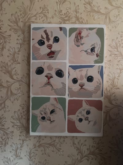 The media file shows a rectangular painting, likely a canvas print, featuring six individual square panels. Each panel depicts the face of a white cat with varying expressions and orientations, painted in a stylized, almost cartoonish manner. The cats have large, dark eyes and are rendered with broad strokes of pink, gray, and blue paint against muted colored backgrounds of green, blue, and red. The painting is hung on a wall covered with patterned wallpaper that features a scrolling damask design in cream and beige tones. The lighting suggests an indoor setting, possibly a home environment, with no specific time of day or weather indicated. The overall impression is one of a whimsical or decorative art piece. No visible text is present in the image. The location context of Borisoglebsk, Russia, does not provide any specific visual cues within the image itself.