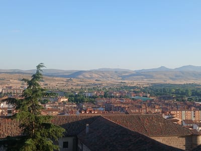 The image captures a panoramic view of the city of Ávila, Spain, from an elevated perspective. In the foreground, the weathered, terracotta-tiled roofs of buildings dominate the lower part of the frame, with a large, green coniferous tree prominently placed on the left, partially obscuring the view of the city.
Beyond the immediate rooftops, the cityscape unfolds with a dense collection of buildings, characterized by their red-tiled roofs and varying architectural styles. The buildings are clustered together, forming a cohesive urban fabric. Further in the distance, lush green trees indicate parks or natural areas within or bordering the city.
The middle ground of the image showcases rolling hills and cultivated fields, with a distinct patchwork of earth tones suggesting agricultural land. The landscape transitions into a series of hazy, undulating mountains that form the horizon. The sky above is a clear, pale blue, indicating a bright, sunny day with minimal cloud cover. The overall impression is one of a historic Spanish city nestled within a picturesque, arid landscape.